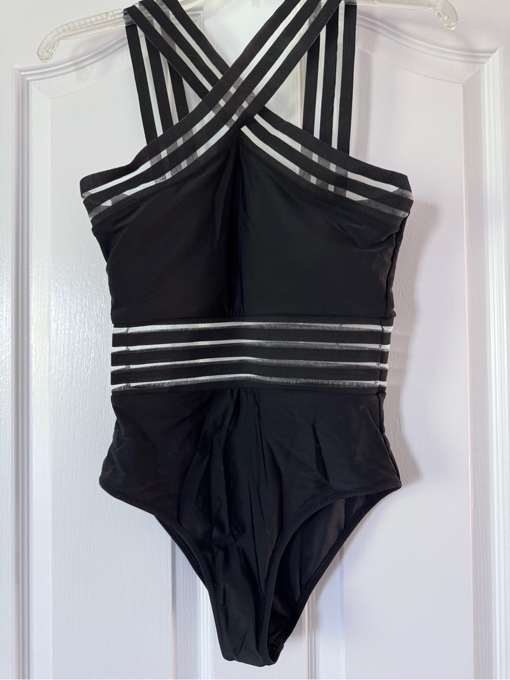 Black One Piece Swimsuit Strappy Back Mesh Cutout Waist Kenneth Cole Style Small - Picture 4 of 10